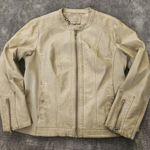 Sebby faux leather bomber jacket Taupe zipper details, snap pockets, Sz XXL